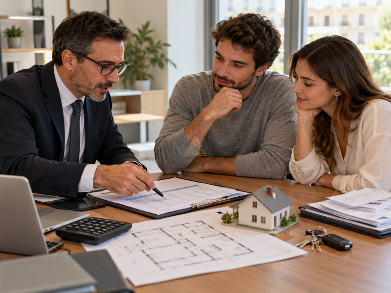 Professionista che spiega ad acquirenti quando si applica imposta di registro su prima casa